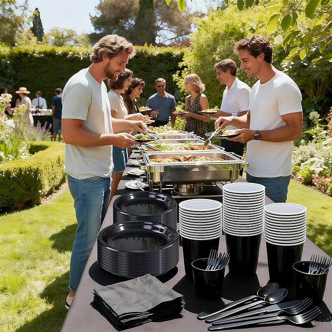 WELLIFE 210 PCS Black Plastic Plates for 30 Guests - Disposable Dinnerware Set Including Dinner Plates, Dessert Plates, 12oz Cups, Cutlery & Napkins, Black Disposable Plates for Party and Birthdays