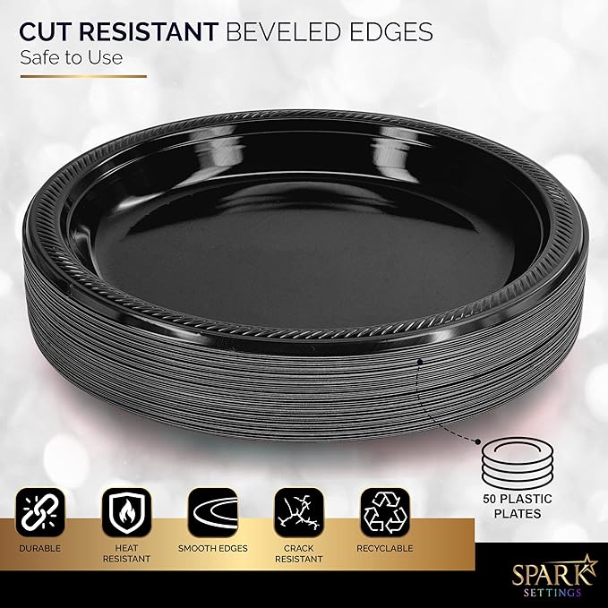 Amcrate Disposable Plastic Dinner Plates, Black, 10.4 Inches, Strong & Sturdy for Party, Dinner, Holiday, Picnic, Travel - Pack of 50