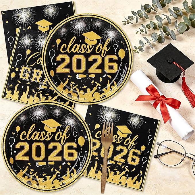 75 Pcs Graduation Plates and Napkins Party Supplies Set,Serves 25 Guests Black Gold 2026 Graduation Plates and Napkins,Disposable Paper Tableware Set for Graduation Party Decorations