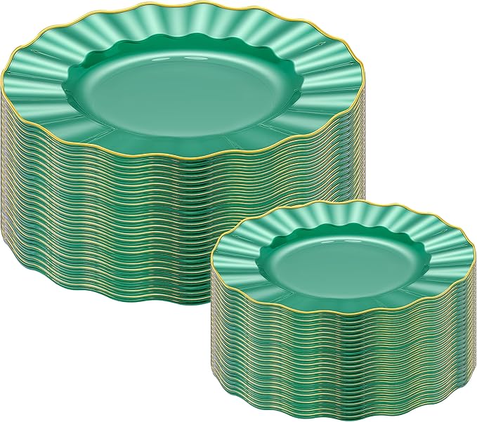 60pcs Green Plastic Plates with Gold Rim, Clear and Gold Plate, Green Diposable Plates Include 30 Dinner & 30 Dessert Plate for Party Wedding