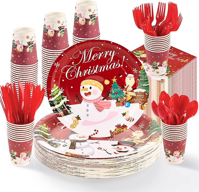 Fijinhom Christmas Paper Plates Set, 350 PCS Santa Gifts and Snowman Party Supplies, Disposable Dinnerware Set for 50 Guests, Paper Plates Napkins Cups for Christmas Eve