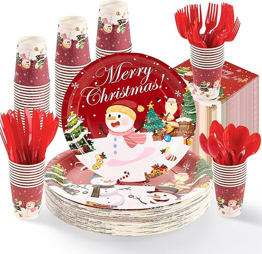 Fijinhom Christmas Paper Plates Set, 350 PCS Santa Gifts and Snowman Party Supplies, Disposable Dinnerware Set for 50 Guests, Paper Plates Napkins Cups for Christmas Eve