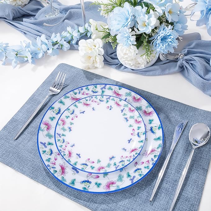30Pcs Blue Plastic Plates - Butterfly Plates Disposable Heavy Duty, Fancy Floral Pattern Perfect for Weddings, Tea Parties, Holidays - 10.25" Dinner & 7.5" Dessert Plastic Plate