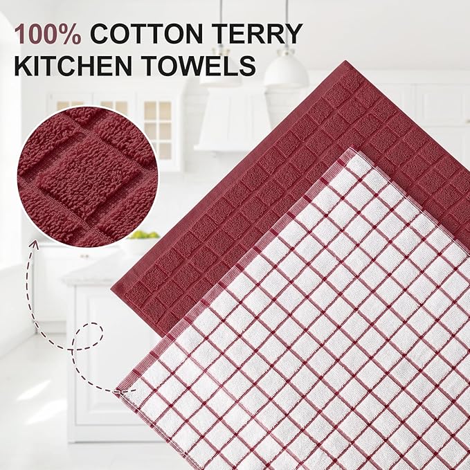 Homaxy Premium Cotton Kitchen Towels 16"x 28", Large Natural Ring Spun 390 GSM Dish Towels, Super Absorbent Terry Kitchen Hand Towels, Soft Tea Towels with Hanging Loop, Red Check Design, 4 Pack
