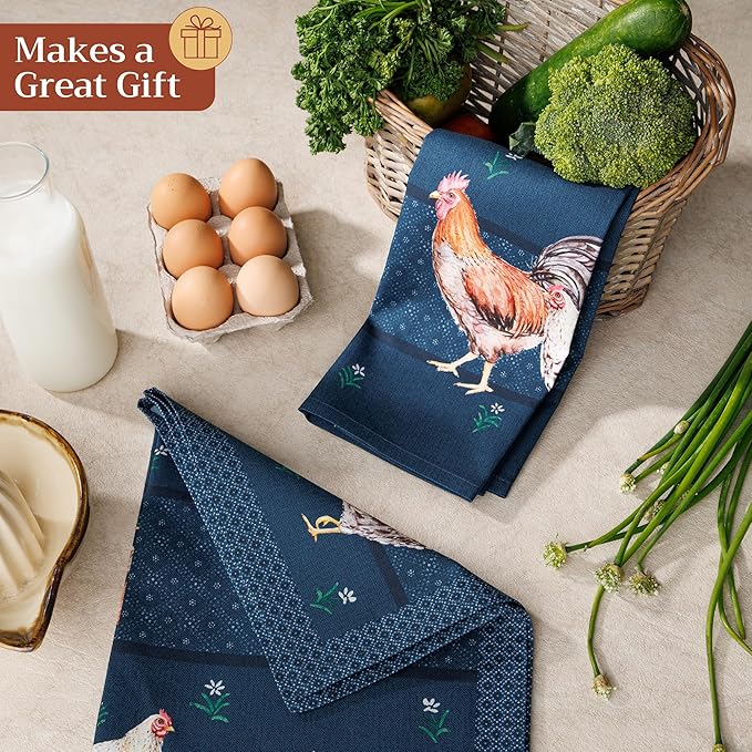 Maison d'Hermine Kitchen Towels Set of 2 100% Cotton 27.50" x 20" Reusable Cloth Tea Dish Towels Absorbent with Hanging Loop for Kitchen, Home, Dining, Cocktail Parties (Meadow Rooster)