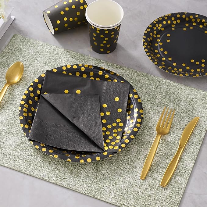 Fijinhom Black and Gold Dot Paper Plates Set, 175 PCS Party Supplies, Disposable Dinnerware Set for 25 Guests, Gold Dot Paper Plates Napkins Cups Gold Plastic Forks Knives Spoons for Wedding Festival