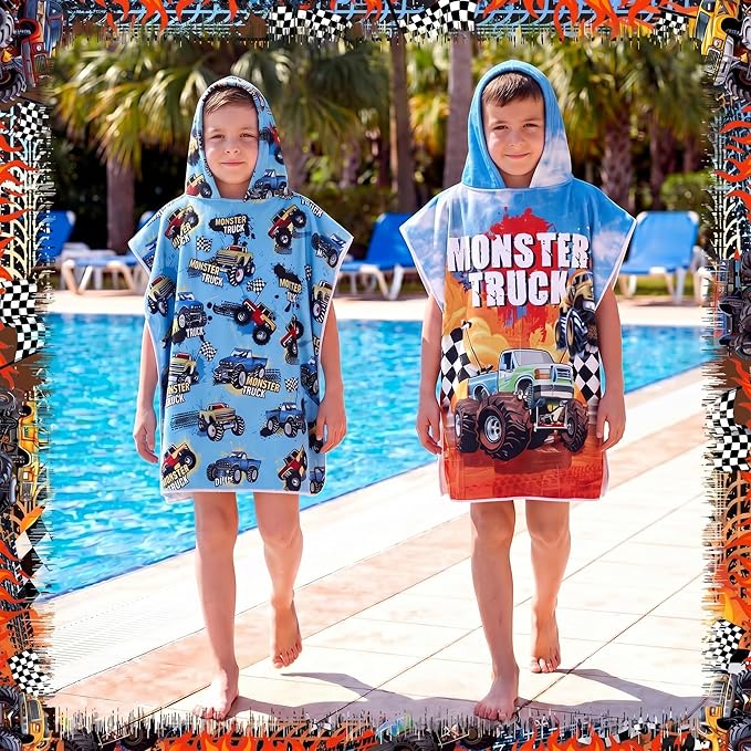 Fanfanwin 2 Pack Monster Truck Themed Bath Towel Beach Hooded Bath Towel 37.8x23.62 Inches Monster Truck Poncho with Snap Buttons Hood Soft Microfiber Rapid Dry for Beach, Pool, Swim, Travel, Home Use