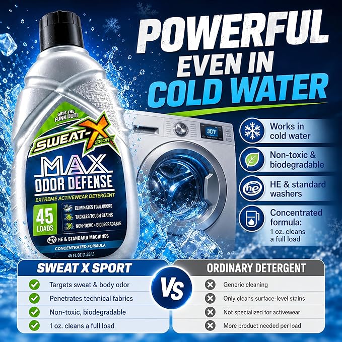 SWEAT X Max Odor Defense Laundry Detergent Liquid - Natural Washing Detergent for Activewear & Gym Clothes - Laundry Detergent for Sensitive Skin - Concentrated Detergent, 45 Loads/Bottle (2 Bottles)