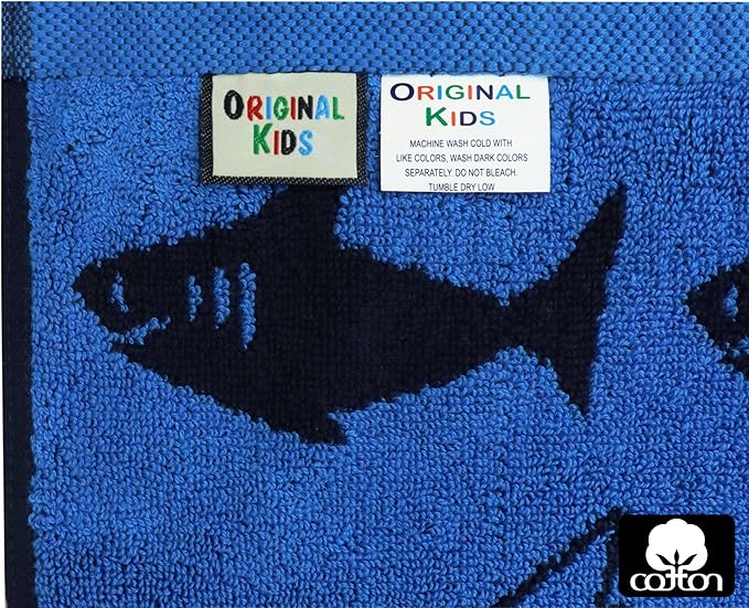 ORIGINAL KIDS 6 Piece Towel Set - Bath Time Shark Attack- 2 Bath Towels, 2 Hand Towels, 2 Washcloths - 100% Cotton Jacquard Soft Absorbent Quick Dry Pool Beach Towel Gift - Navy Blue