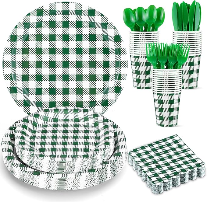 NatNarr 175 Pcs Gingham Party Supplies Include Green Gingham Plates and Napkins Cups Plastic Cutlery Disposable Green Checkered Plates Set for St Patricks Day, Picnic, Baby Shower, Golf Party