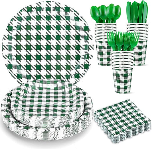 NatNarr 175 Pcs Gingham Party Supplies Include Green Gingham Plates and Napkins Cups Plastic Cutlery Disposable Green Checkered Plates Set for St Patricks Day, Picnic, Baby Shower, Golf Party