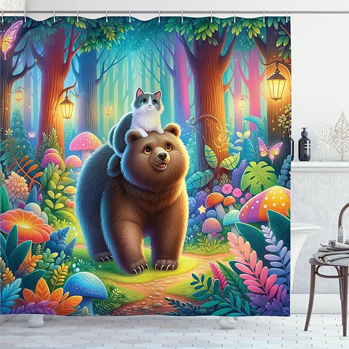Ambesonne Funny Shower Curtain, Rave Colors of Fantasy Woodland Scenario Peaceful Cat and Bear Friends Happy, Cloth Fabric Bathroom Decor Set with Hooks, 69" W x 70" L, Caramel Multicolor