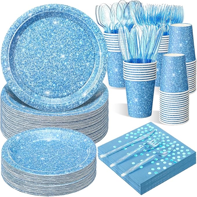 Hushee 350 Pcs Light Blue Holographic Print Party Supplies Guests Disposable Dinnerware Set Include Paper Plates, Napkins, Cups, Plastic Cutlery for Wedding Birthday Disco Bachelorette