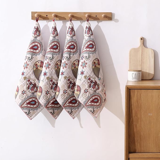 Kitchen Dish Towels for Drying 100% Cotton,Ultra Absorbent Quick Drying Thick Reusable Cleaning Decorative Tea Towels with Hanging Loop,Reversible Boho Pretty Hand Towels,4 Pack,Gift for Mom