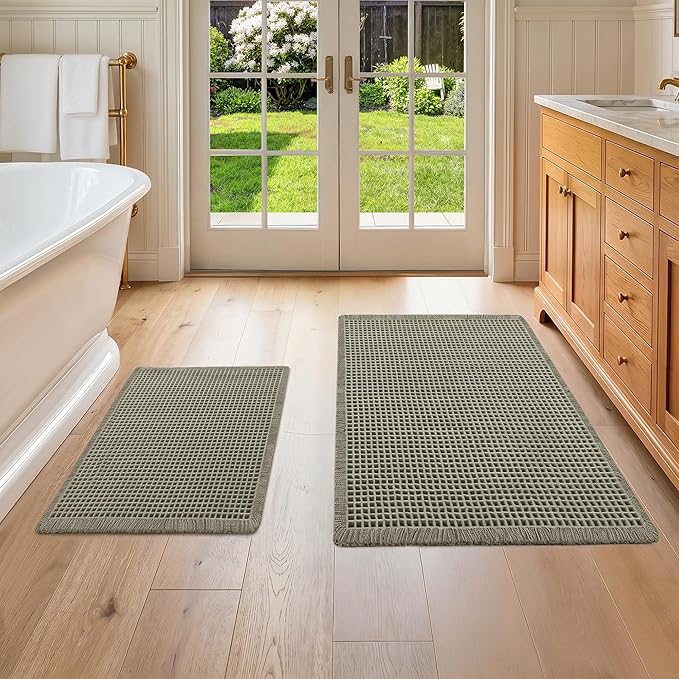 DWCN Waffle Bathroom Mats Set, Non Slip Bath Rug Set for Bathroom Floor, Super Absorbent Shower Mats for Tub, Washable Kitchen Rugs for Farmhouse Boho Style, 16" x 24" Plus 24" x 48", Olive Green