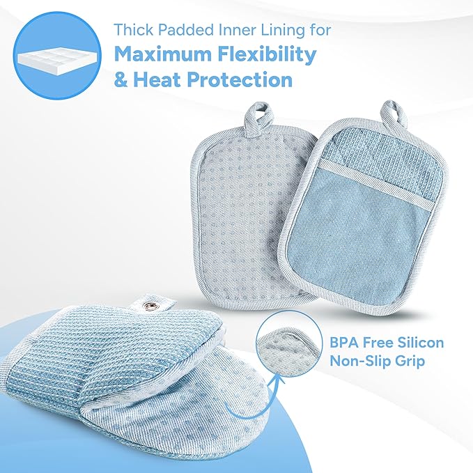 Casa Platino Silicone Oven Mitts Set, 8-Piece – 500°F Heat Resistant Mini Oven Mitt, Potholders for Kitchens, 2 Kitchen Towels & 2 Dish Cloths – Durable, Non-Slip & Machine Washable – Cornflower