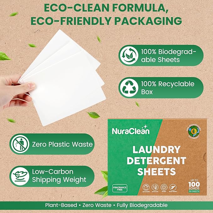 Concentrated Eco-friendly Laundry Detergent Sheets - Powerful Clean - Biodegradable - 50 Sheets (Up to 100 Loads) – Plastic‑Free, HE Compatible, Hypoallergenic & Travel Friendly (Unscented)