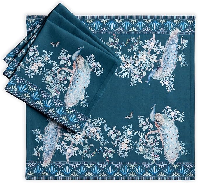 Maison d' Hermine Napkin 100% Combed Cotton Premium 20"x20" Decorative Washable Table Cloth Napkins Set of 4 for Dining, Holidays, Buffet & Wedding Use Campagne - Peacock Utopia - Deep Sea