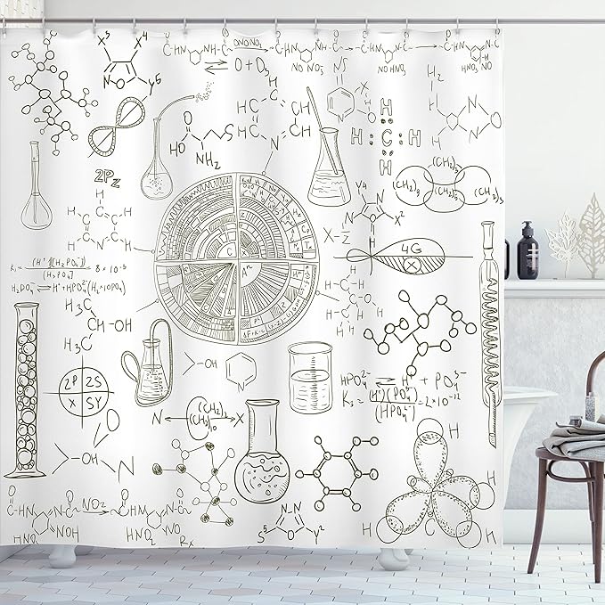 Ambesonne Science Shower Curtain, Science Theme Hand Drawn Style Chemistry Laboratory in a School Classroom of an Illustration, Cloth Fabric Bathroom Decor Set with Hooks, 69" W x 84" L, White Umber