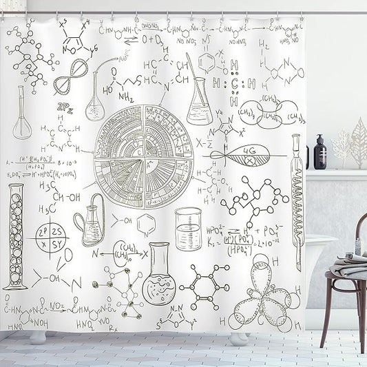 Ambesonne Science Shower Curtain, Science Theme Hand Drawn Style Chemistry Laboratory Illustration, Cloth Fabric Bathroom Decor Set with Hooks, 69" W x 75" L, White Umber
