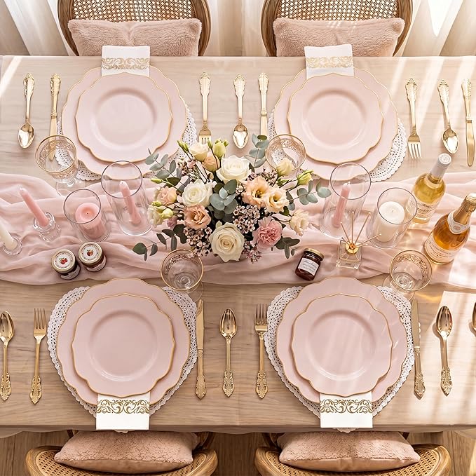 NOCCUR 175PCS Pink Plates with Gold Disposable Silverware - Include 50 Pink Plastic Plates,25 Knives,25 Forks,25 Spoons,25 Cups and 25 Napkins - Ideal for Party/Wedding/Banquet/Baby Shower
