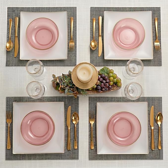 PLASTICPRO Plastic Party Plates Edge Collection Premium heavyweight Elegant Disposable Tableware Dishes (Translucent Pink With Gold Rim, 16 OZ BOWLS)