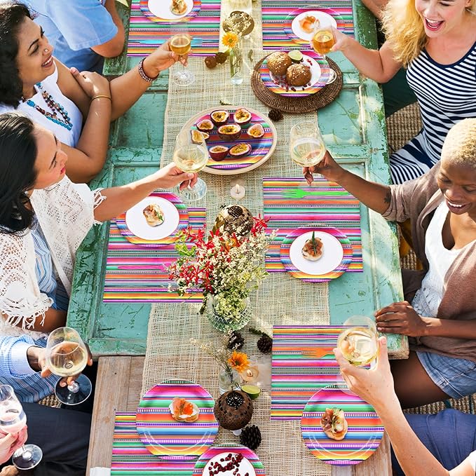 96 Pieces Mexican Fiesta Party Tableware Set - Colorful Serape Stripe Disposable Dinnerware with Paper Plates, Napkins, Plastic Forks - Cinco de Mayo, Taco Tuesday, Birthday, BBQ Party Supplies