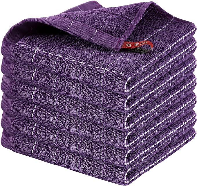 Homaxy 100% Cotton Terry Kitchen Dish Cloths, Ultra Soft and Absorbent Dish Towels for Kitchen, Suitable for Drying and Washing Dishes, 6 Pack, 12 x 12 Inches, Purple