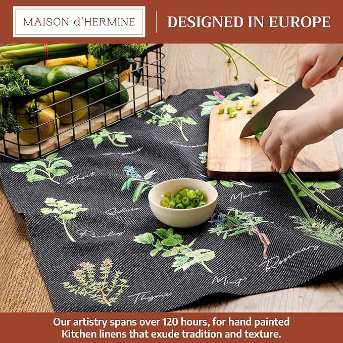 Maison d'Hermine Kitchen Towels Set of 2 100% Cotton 27.50" x 20" Reusable Cloth Tea Dish Towels Absorbent with Hanging Loop for Kitchen, Home, Dining, Cocktail Parties (Fresh Herbs)