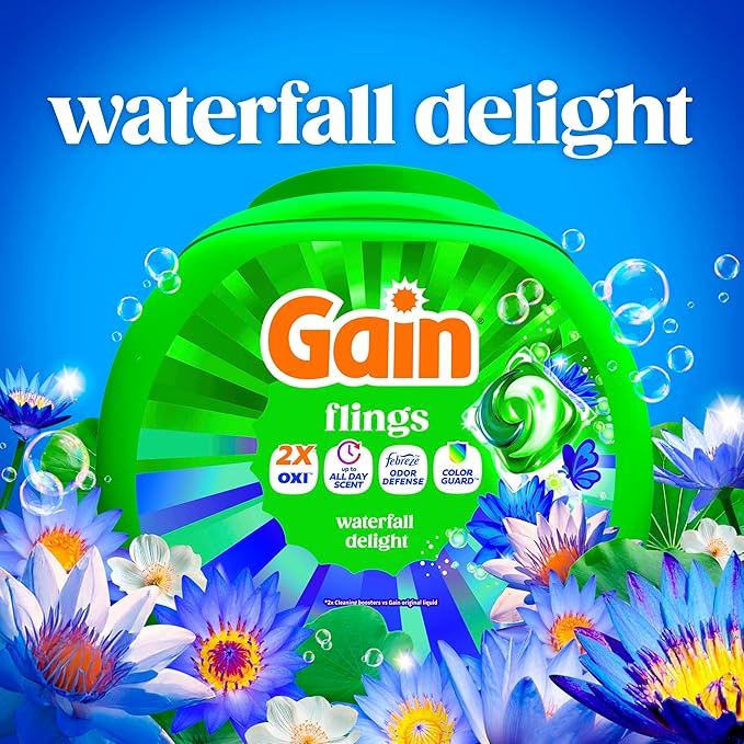 Gain Flings Liquid Washing Detergent Pods, Now with Odor Defense + Color Guard, Waterfall Delight Scent, 4-In-1 liquid laundry detergent pacs, clean & fresh, 76 Count (Packaging May Vary)