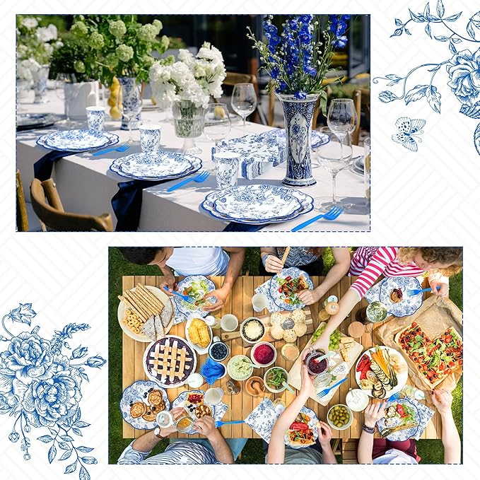 Kochorie 144 Pieces Blue Floral Paper Plates and Napkins Party Supplies, Blue and White Flower Tableware Set Include Vintage Scalloped Plates Napkins Cups Forks for Wedding Birthday Tea Party