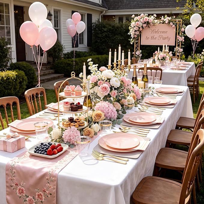 NOCCUR 350PCS Pink Plates Disposable - Pink Gold Plastic Dinnerware Set for 50 Guests Include 100 Dinner/Dessert Plates,150 Cutlery,50 Cups&50 Napkins - Ideal for Party/Wedding/Mother's Day