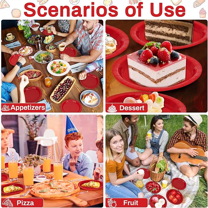QZYL 50 Pieces Heavy Duty Paper Plates, 7 Inches Red Dessert Plates Disposable, Quality Party Tableware Set, Sturdy Disposable Plates for Wedding Bridal Baby Shower Party Birthday Party Decorations
