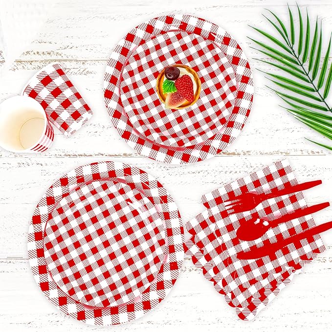 Vyntra Checkered Gingham Paper Plates and Napkins Set for 25" 9" Dinner Plates & 7" Dessert Plate, Birthday Party (Red Gingham, 175 Pcs)