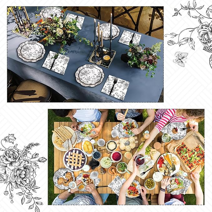 Kochorie 144 Pieces Black Floral Paper Plates and Napkins Party Supplies, Black and White Flower Tableware Set Include Vintage Scalloped Plates Napkins Cups Forks for Wedding Birthday Tea Party