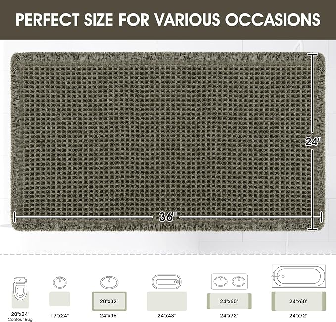 Upgraded Waffle Bath Mat, 36"x24" Greyish Green, Super Absorbent Non-Slip Quick Dry Bathroom Rugs with Tassels, Machine Washable Ultra Soft Boho Bath Rugs for Floor, Toilet Mats Boho Farmhouse Decor