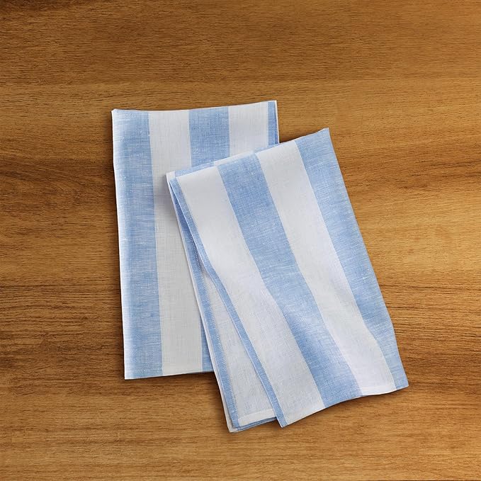 Solino Home Sky Blue and White Linen Kitchen Towels Set of 2-100% Pure Linen 17 x 26 Inch Cabana Stripe Tea Towels with Hanging Loop - European Flax Kitchen Dish Cloth - Quick Dry & Machine Washable