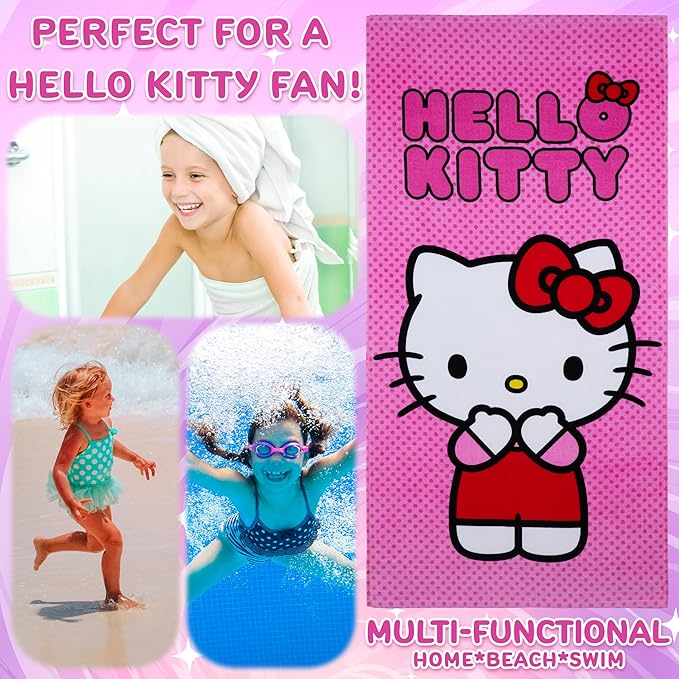 Hello Kitty Towel for Kids Teenagers Women Quick Dry Towel for Pool Beach Bath Swimming Trips Travel Essentials 55x28” (Pink, 5 x 28inch)