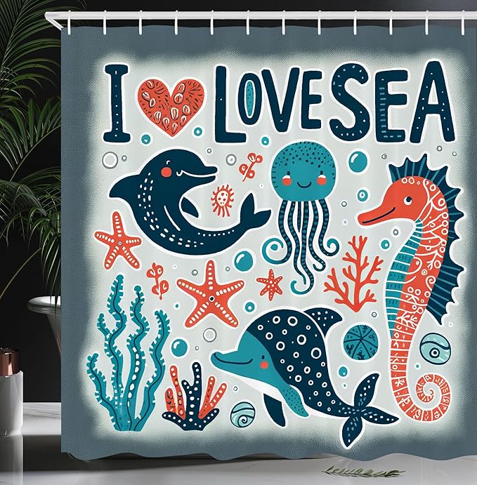 Ambesonne Nautical Shower Curtain, I Love Sea Lettering Happy Ocean Scenario Seahorse Dolphin Jellyfish Funny, Cloth Fabric Bathroom Decor Set with Hooks, 69" W x 75" L, Blue Coral Coconut
