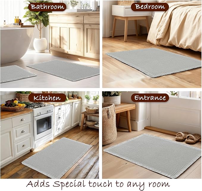 DWCN Grey Waffle Bathroom Mat, Boho Bath Rugs Super Absorbent Non Slip Bath Mats for Bathroom Floor, Ultra Soft Farmhouse Shower Mats for Tub and Shower, 16 x 24 Inch