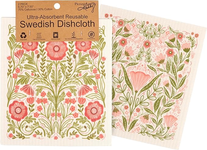 Primitives By Kathy Botanical Swedish Folk Art Dishcloth Set, Pink and Red Floral Pattern, 6.75 x 7.50 inches, 2-Pack