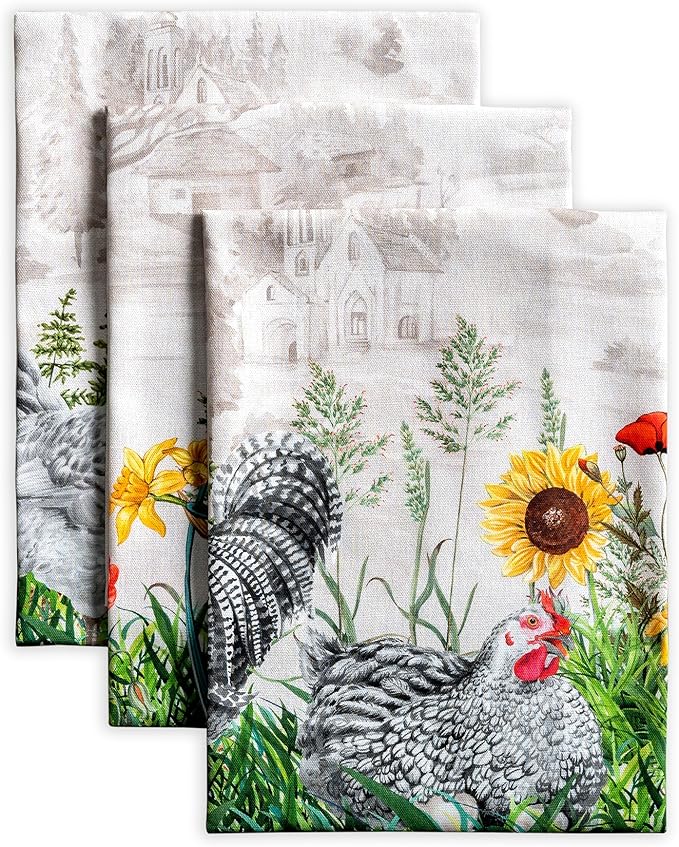 Maison d' Hermine Kitchen Towels Set of 3 100% Cotton 27.50" x 20" Reusable Cloth Tea Dish Towels Absorbent with Hanging Loop for Kitchen Farmhouse Hotel Spring Summer - Basse Cour