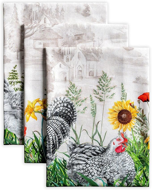 Maison d' Hermine Kitchen Towels Set of 3 100% Cotton 27.50" x 20" Reusable Cloth Tea Dish Towels Absorbent with Hanging Loop for Kitchen Farmhouse Hotel Spring Summer - Basse Cour