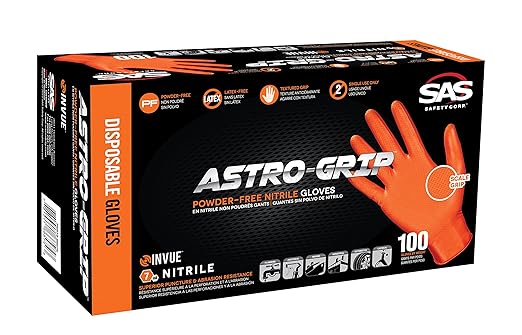 SAS Safety 66572 Astro-Grip Powder-Free Nitrile Gloves, Orange, Medium, 7 Mil Thick, Pack of 100