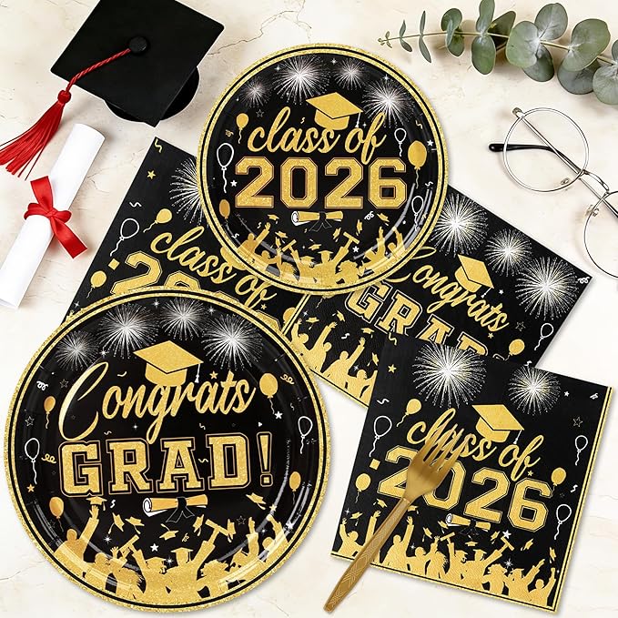 100 Pcs Graduation Plates and Napkins, 2026 Black Gold Graduation Disposable Plates and Napkins Party Supplies Set Serves 25, Black Gold Disposable Dinnerware Set for 2026 Decorations Grad Party