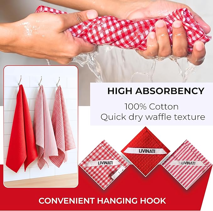 Cotton Dish Towels For Kitchen Drying - Highly Absorbent Red Striped Gingham Plaid Tea Towels - 18"X28" Set Of 6 Farmhouse Linen Dishtowels In Bulk - Pano De Prato Para Cozinha - T Towles Towls