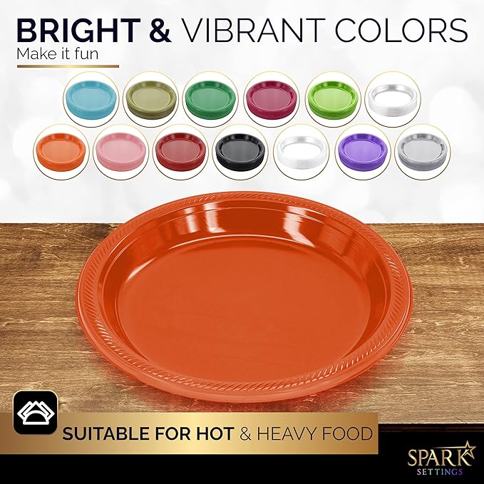 Amcrate Disposable Plastic Plates Orange, 10.4 Inches Plastic Dinner Plates, Strong and Sturdy Disposable Plates for Party, Dinner, Holiday, Picnic, or Travel Party Plates, Pack of 50