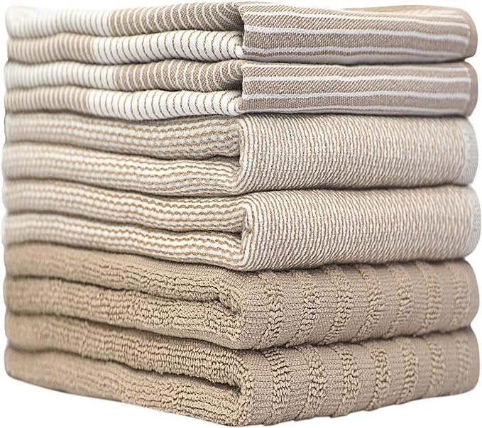 Premium Kitchen Towels (20”x 28”, 6 Pack) | Large Cotton Dish Towels | Flat & Terry Highly Absorbent Kitchen Linen Set with Hanging Loop | Tan