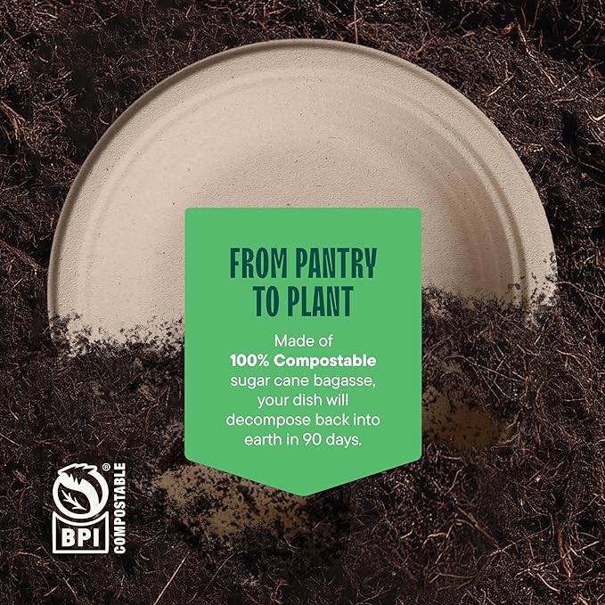 Stack Man Deep Dish Paper Plates, Heavy Duty Disposable Dinner Plates [125-Pack] 10 Inch Plates - 100% Compostable Eco-Friendly, Biodegradable Sugarcane Bagasse, Natural Brown 10" (9" Deep)