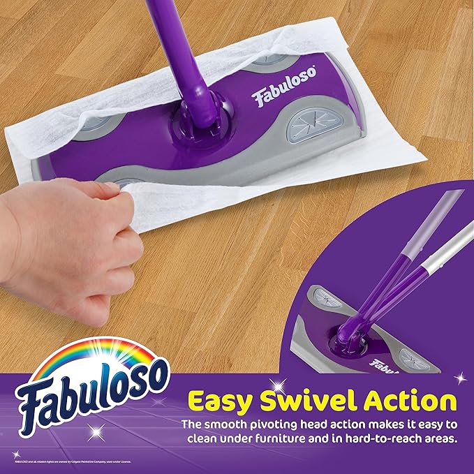 Fabuloso Dry and Wet Sweeper, 2-in-1 Floor Dust Mop for Dry Sweeping and Light Wet Mopping, Lightweight Aluminum Handle, Swivel Low-Profile Head, Bonus 12 Dry Pads Included